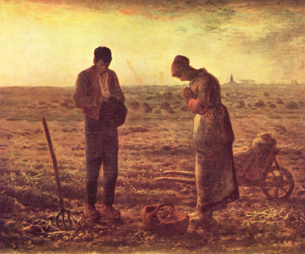 In this 19th century work by the French painter Jean-Francois Millet, a farming couple prays the Angelus at dusk