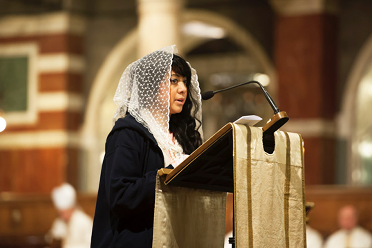 Moira wearing the mantilla and speaking at Westminster Cathedral